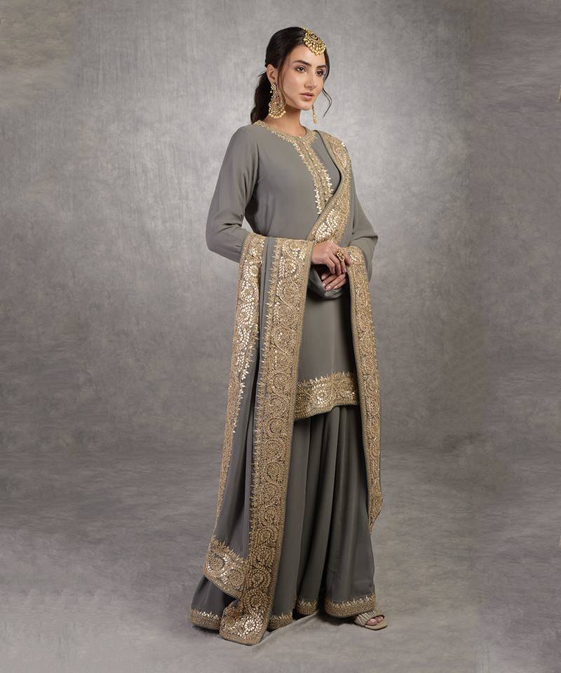 Grey Rosegold Marori Gota Patti & Zardozi Hand Embroidered Sharara Set