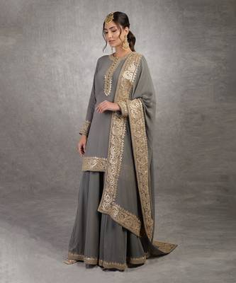 Grey Rosegold Marori Gota Patti & Zardozi Hand Embroidered Sharara Set 8