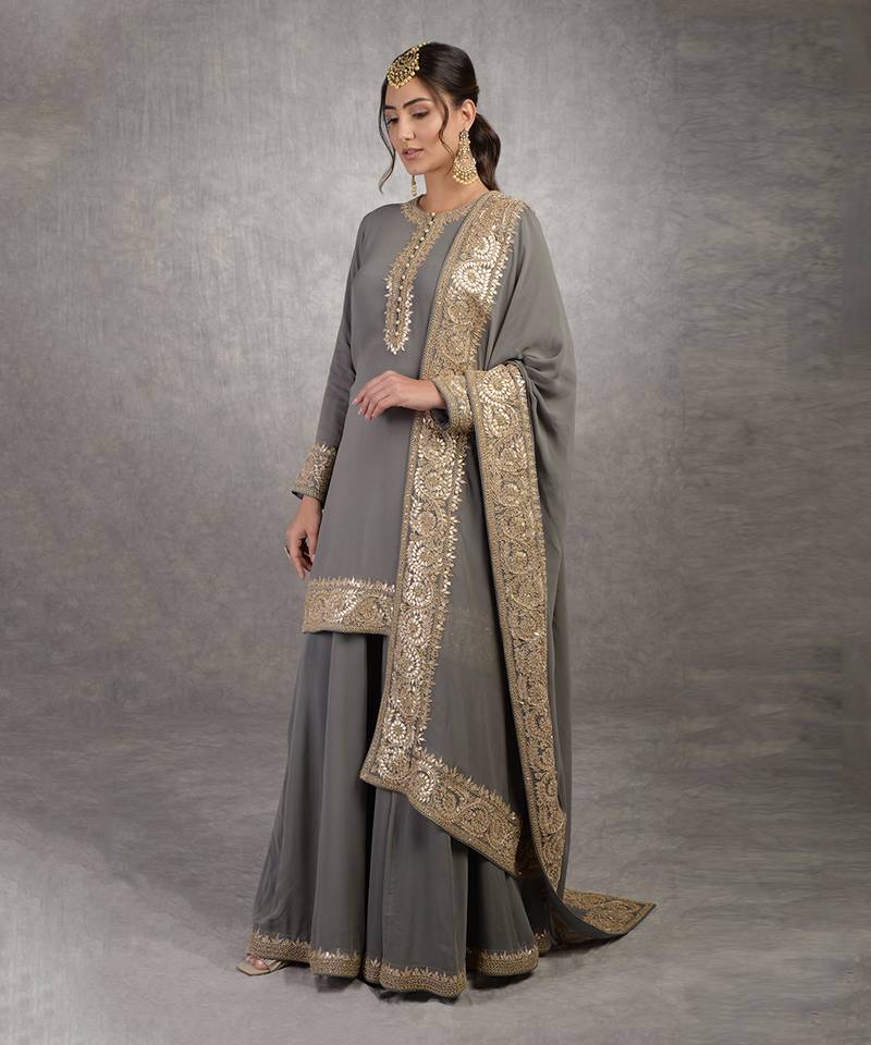 Grey Rosegold Marori Gota Patti & Zardozi Hand Embroidered Sharara Set
