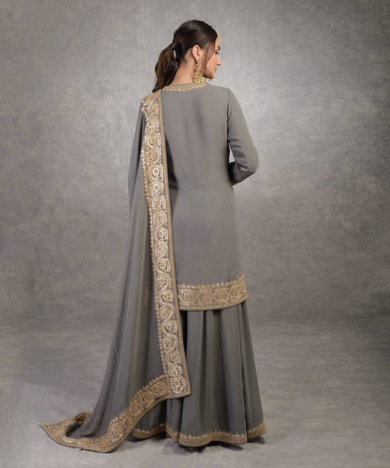 Grey Rosegold Marori Gota Patti & Zardozi Hand Embroidered Sharara Set