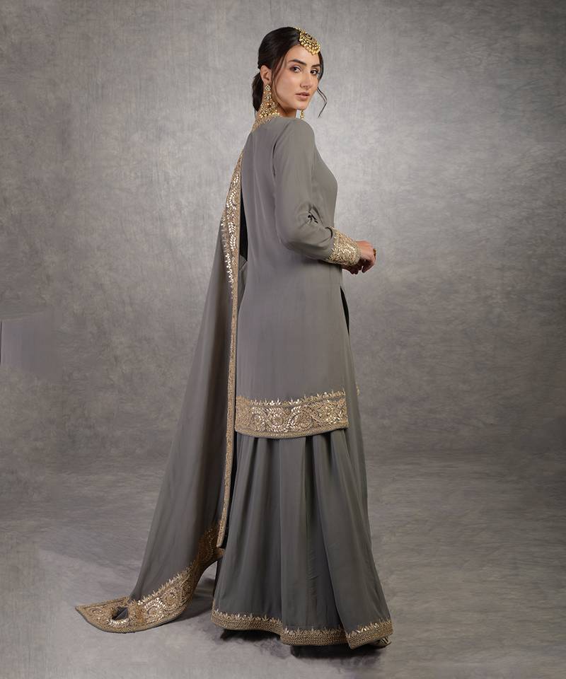 Grey Rosegold Marori Gota Patti & Zardozi Hand Embroidered Sharara Set