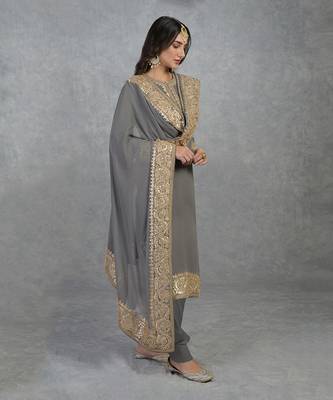 Grey Rose Gold Marori Gota Patti & Zardozi Hand Embroidered Salwar Suit 5