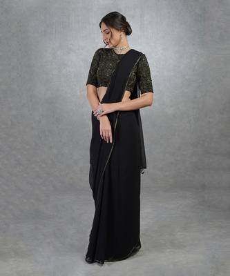 Tara - Black Gold Hand Embroidered Saree & Blouse 2