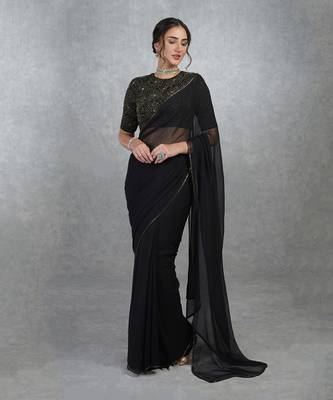 Tara - Black Gold Hand Embroidered Saree & Blouse 1