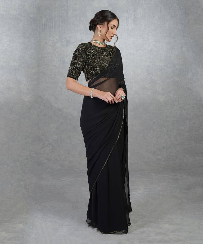 Tara - Black Gold Hand Embroidered Saree & Blouse