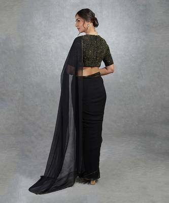 Tara - Black Gold Hand Embroidered Saree & Blouse 5