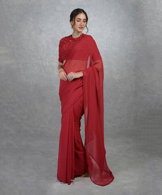 Tara - Red Foliage Hand Embroidered Saree & Blouse 1