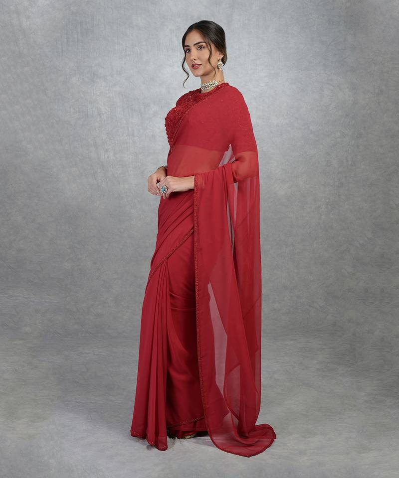 Tara - Red Foliage Hand Embroidered Saree & Blouse