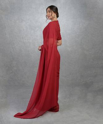 Tara - Red Foliage Hand Embroidered Saree & Blouse 3