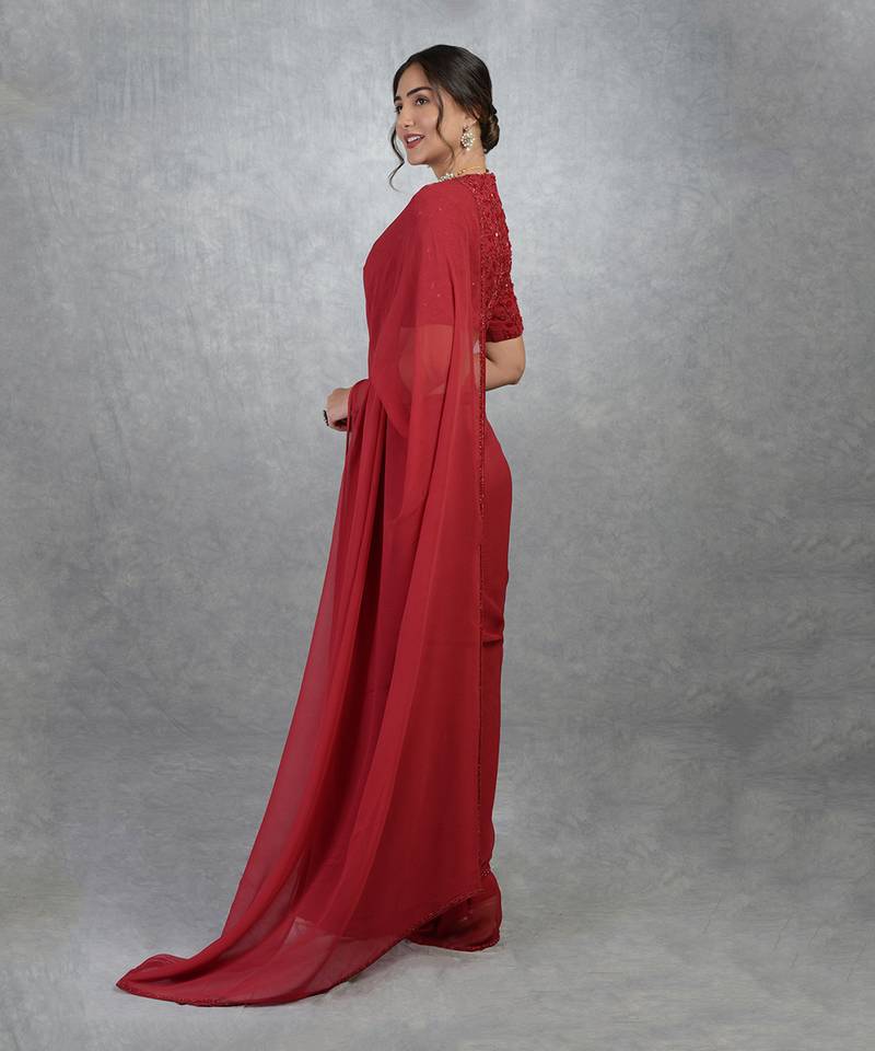 Tara - Red Foliage Hand Embroidered Saree & Blouse