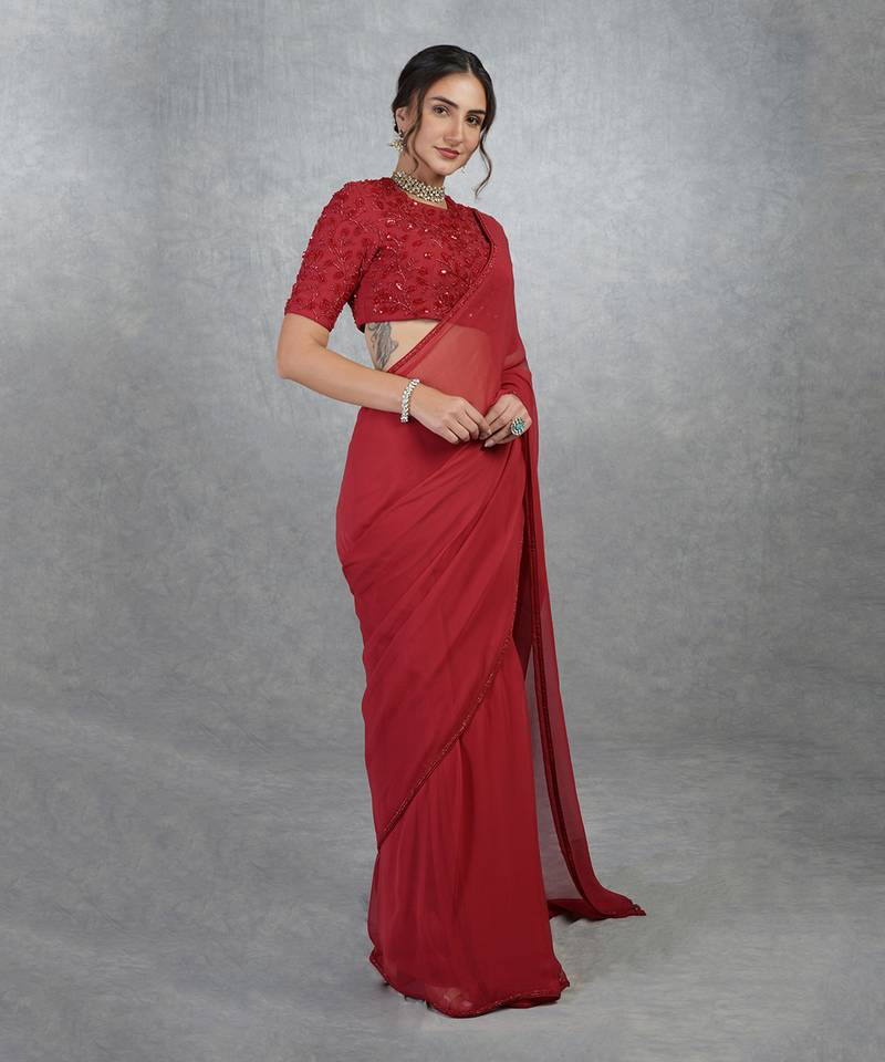 Tara - Red Foliage Hand Embroidered Saree & Blouse