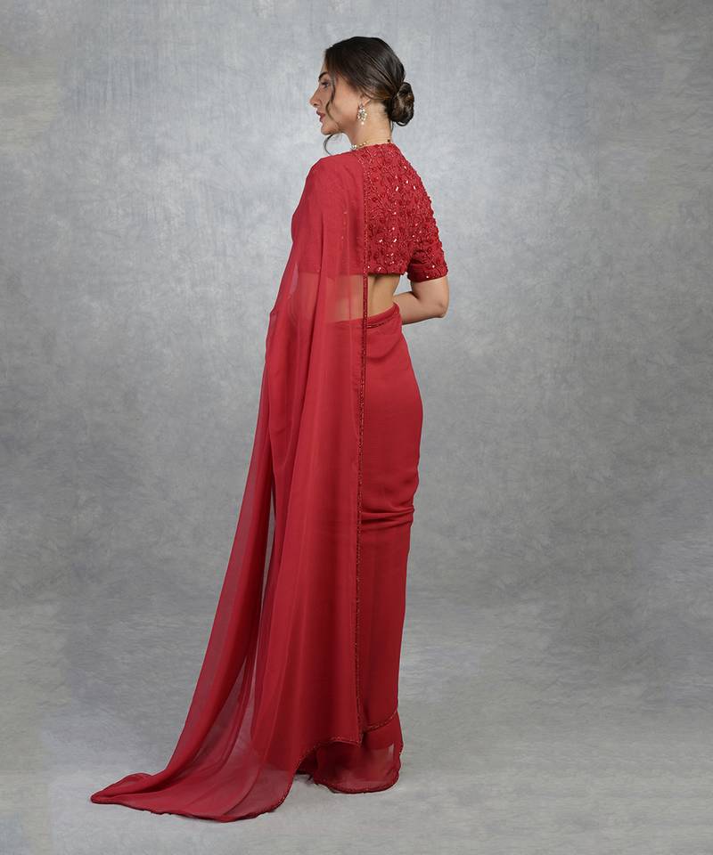 Tara - Red Foliage Hand Embroidered Saree & Blouse