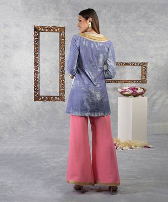 Blue Iris- Geranium Pink Silk Velvet Gota Kurta Set With Dupatta 2