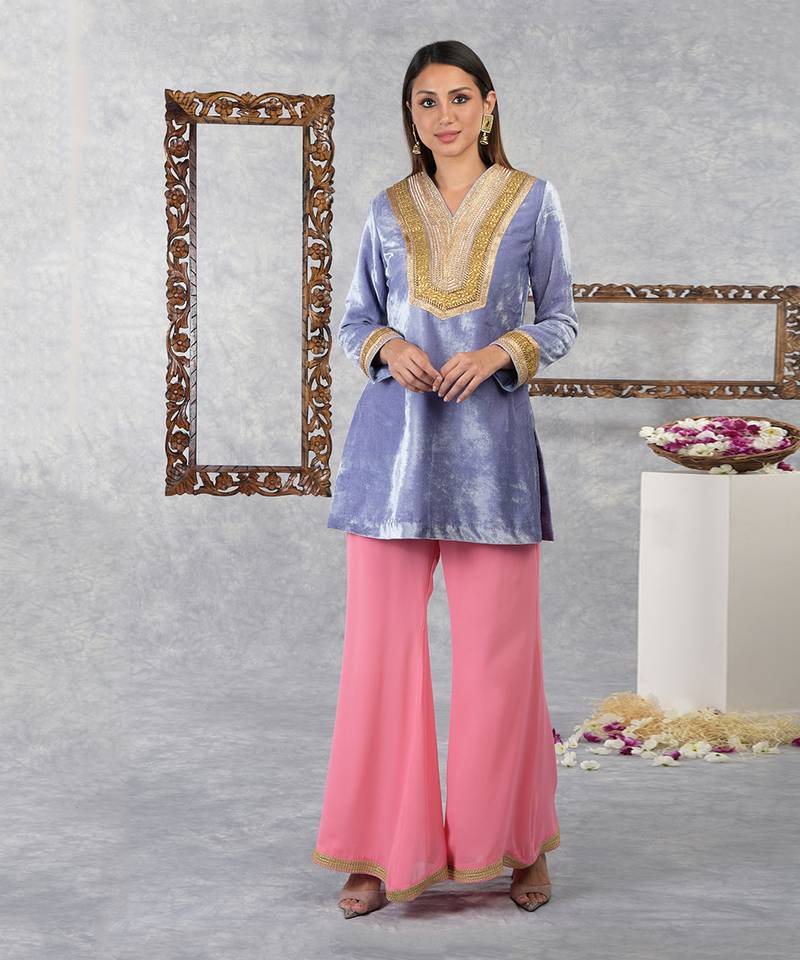 Blue Iris- Geranium Pink Silk Velvet Gota Kurta Set With Dupatta