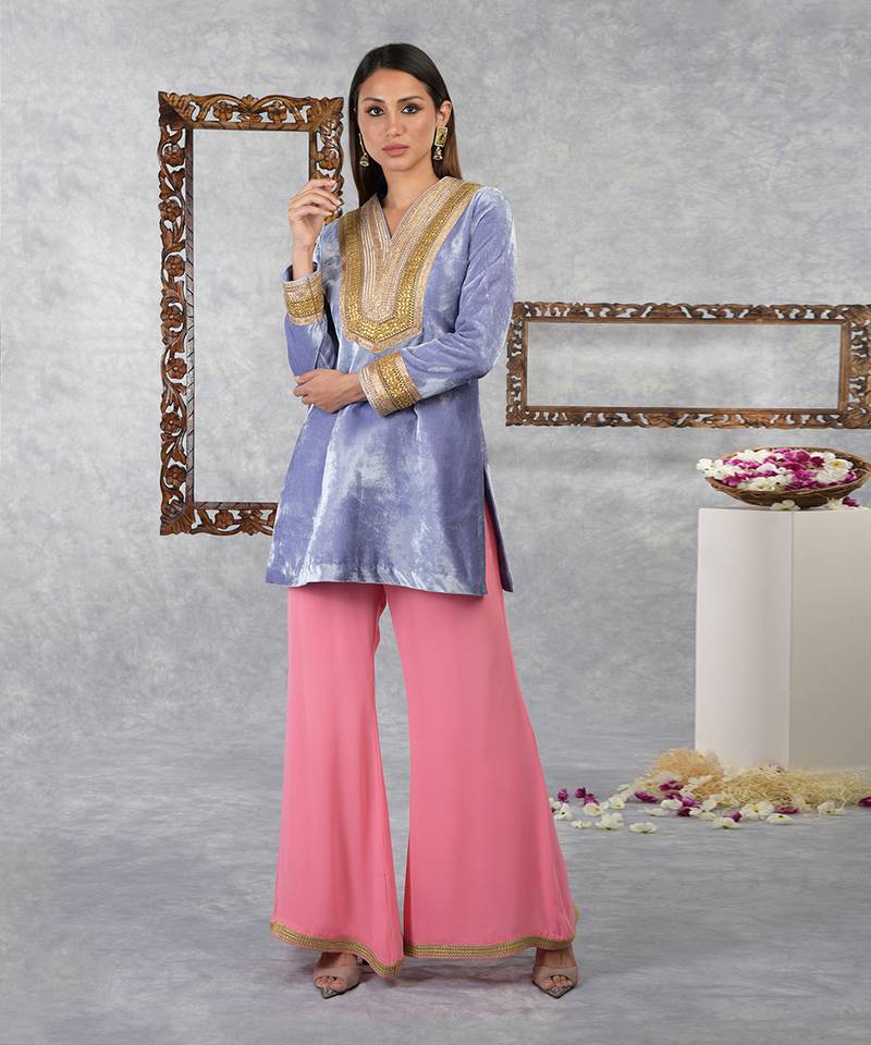 Blue Iris- Geranium Pink Silk Velvet Gota Kurta Set With Dupatta
