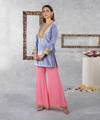Blue Iris- Geranium Pink Silk Velvet Gota Kurta Set With Dupatta 5