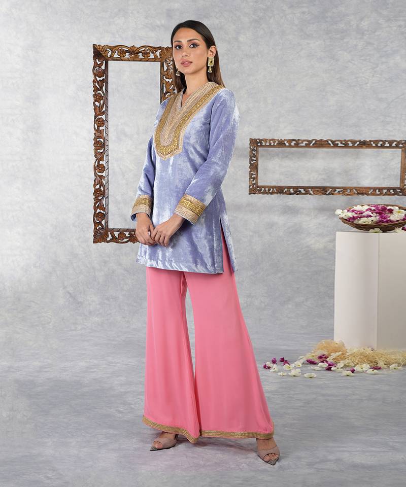 Blue Iris- Geranium Pink Silk Velvet Gota Kurta Set With Dupatta