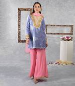 Blue Iris- Geranium Pink Silk Velvet Gota Kurta Set With Dupatta