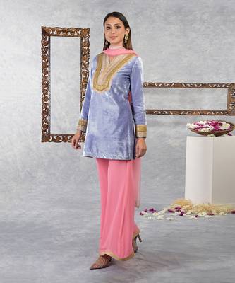 Blue Iris- Geranium Pink Silk Velvet Gota Kurta Set With Dupatta 6