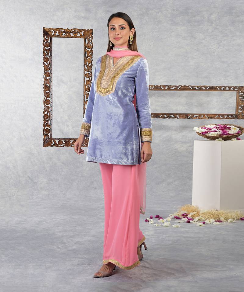 Blue Iris- Geranium Pink Silk Velvet Gota Kurta Set With Dupatta