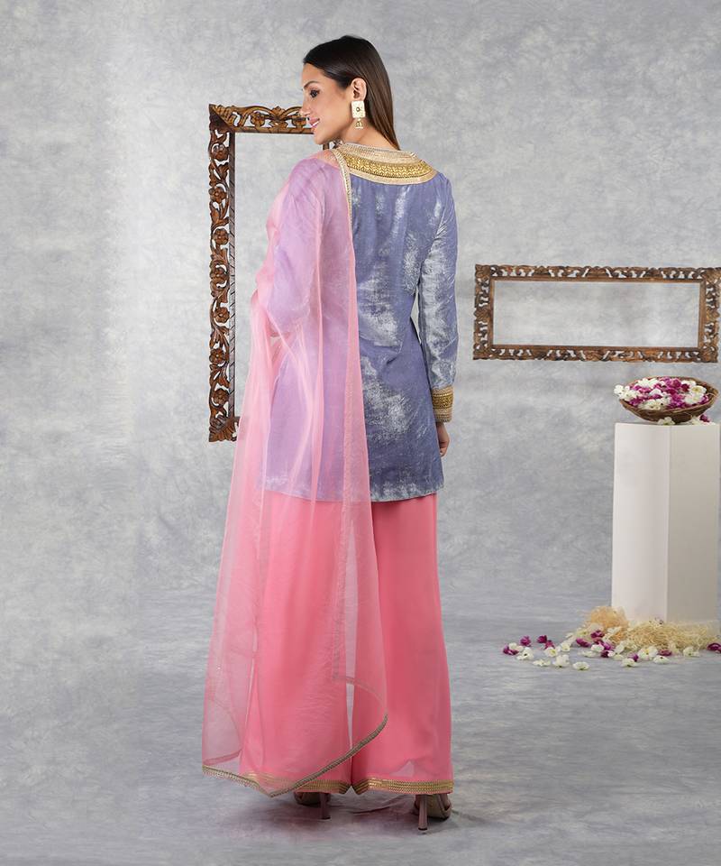 Blue Iris- Geranium Pink Silk Velvet Gota Kurta Set With Dupatta