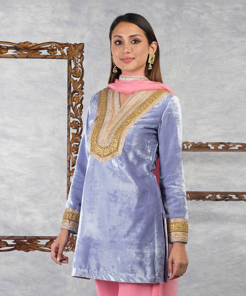 Blue Iris- Geranium Pink Silk Velvet Gota Kurta Set With Dupatta