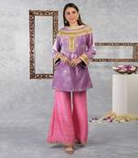 Mauve Mist -Carnation Pink Silk Velvet Gota Kurta Set With Dupatta
