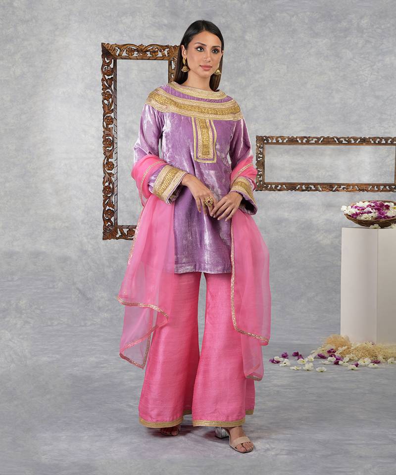 Mauve Mist -Carnation Pink Silk Velvet Gota Kurta Set With Dupatta