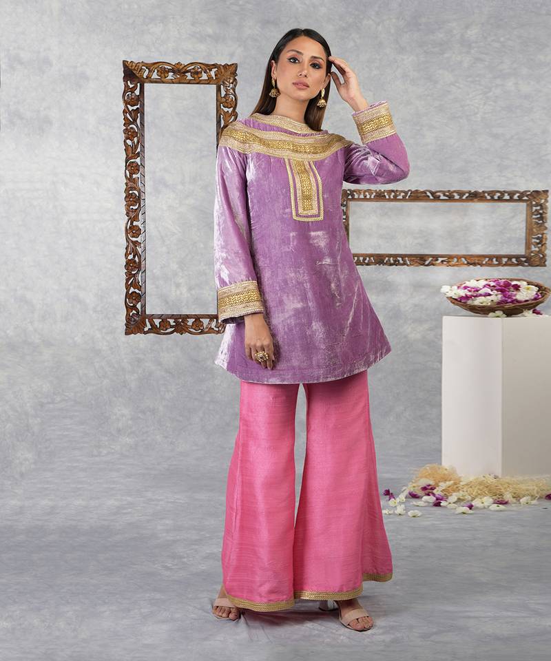 Mauve Mist -Carnation Pink Silk Velvet Gota Kurta Set With Dupatta