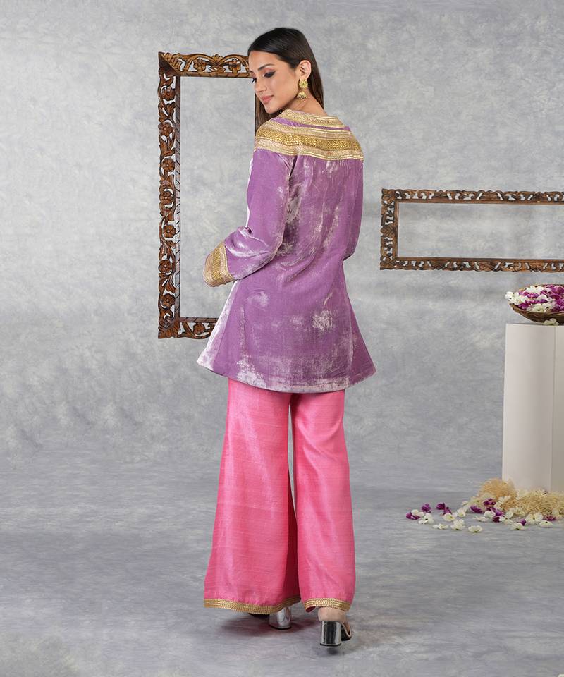 Mauve Mist -Carnation Pink Silk Velvet Gota Kurta Set With Dupatta