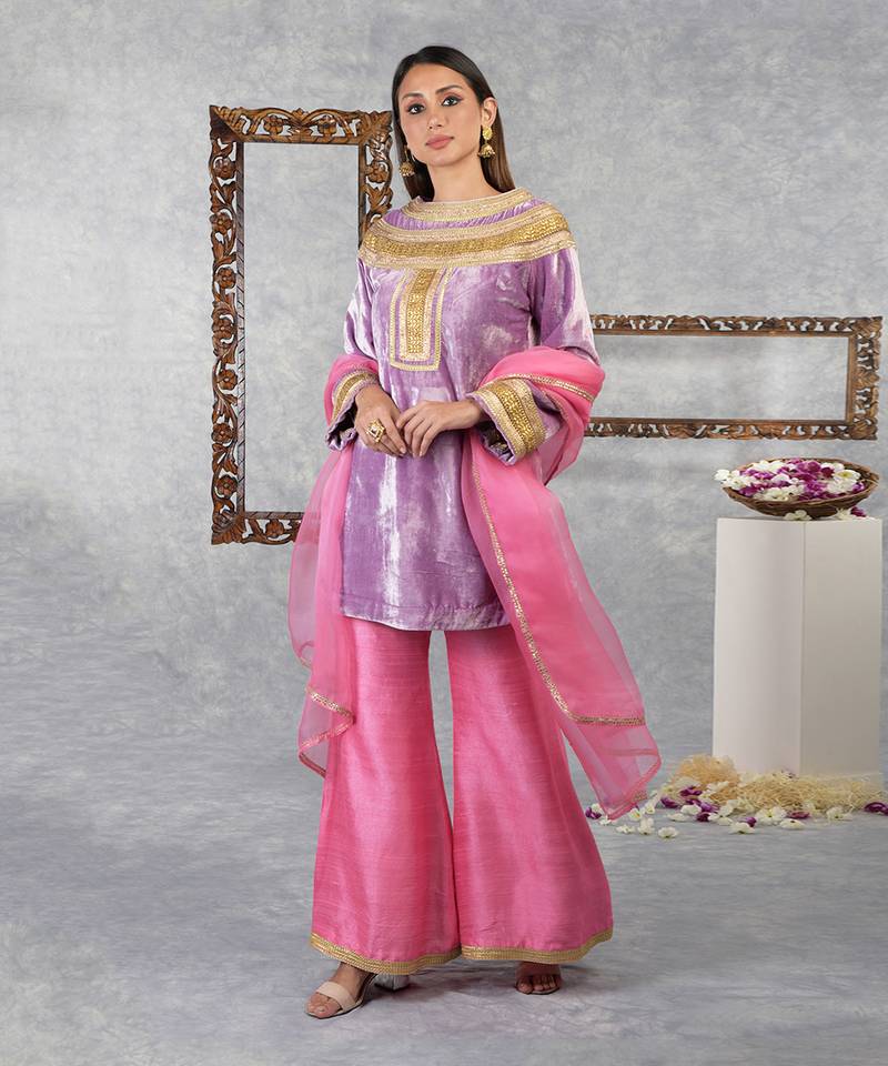 Mauve Mist -Carnation Pink Silk Velvet Gota Kurta Set With Dupatta