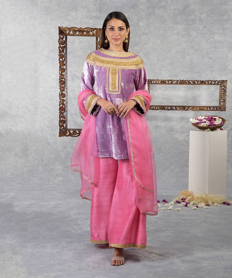 Mauve Mist -Carnation Pink Silk Velvet Gota Kurta Set With Dupatta