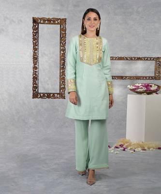 Aqua Green Raw Silk Gota Kurta Set With Dupatta 2
