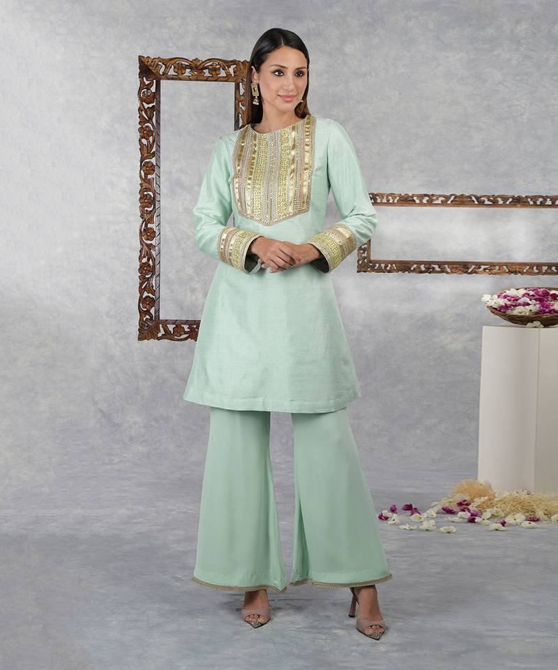 Aqua Green Raw Silk Gota Kurta Set With Dupatta
