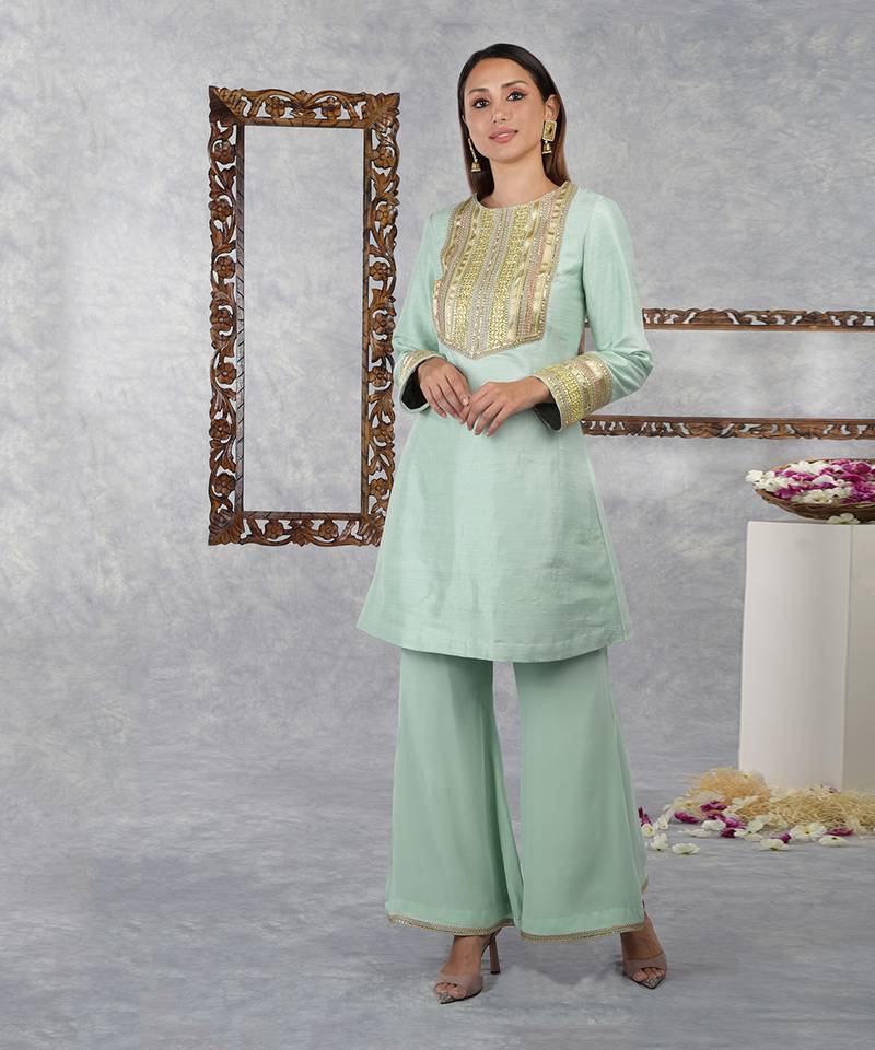 Aqua Green Raw Silk Gota Kurta Set With Dupatta