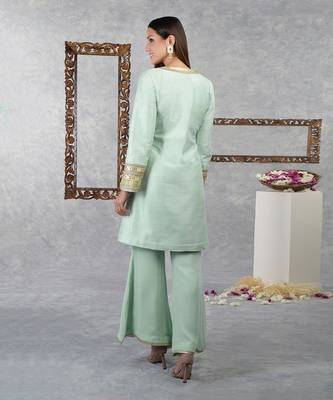 Aqua Green Raw Silk Gota Kurta Set With Dupatta 5