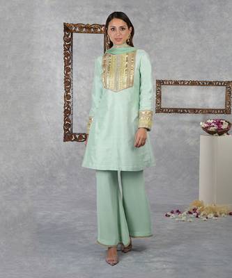 Aqua Green Raw Silk Gota Kurta Set With Dupatta 1