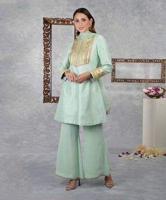 Aqua Green Raw Silk Gota Kurta Set With Dupatta 6