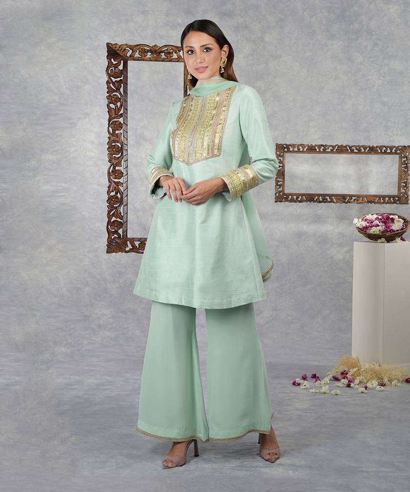 Aqua Green Raw Silk Gota Kurta Set With Dupatta