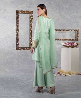 Aqua Green Raw Silk Gota Kurta Set With Dupatta 7