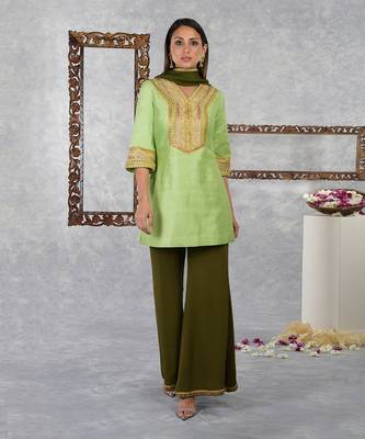 Jade Lime-Olive Green Raw Silk Gota Kurta Set With Dupatta 1