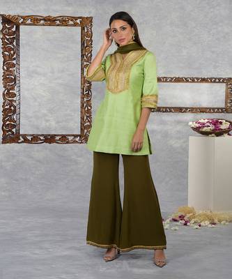 Jade Lime-Olive Green Raw Silk Gota Kurta Set With Dupatta 2