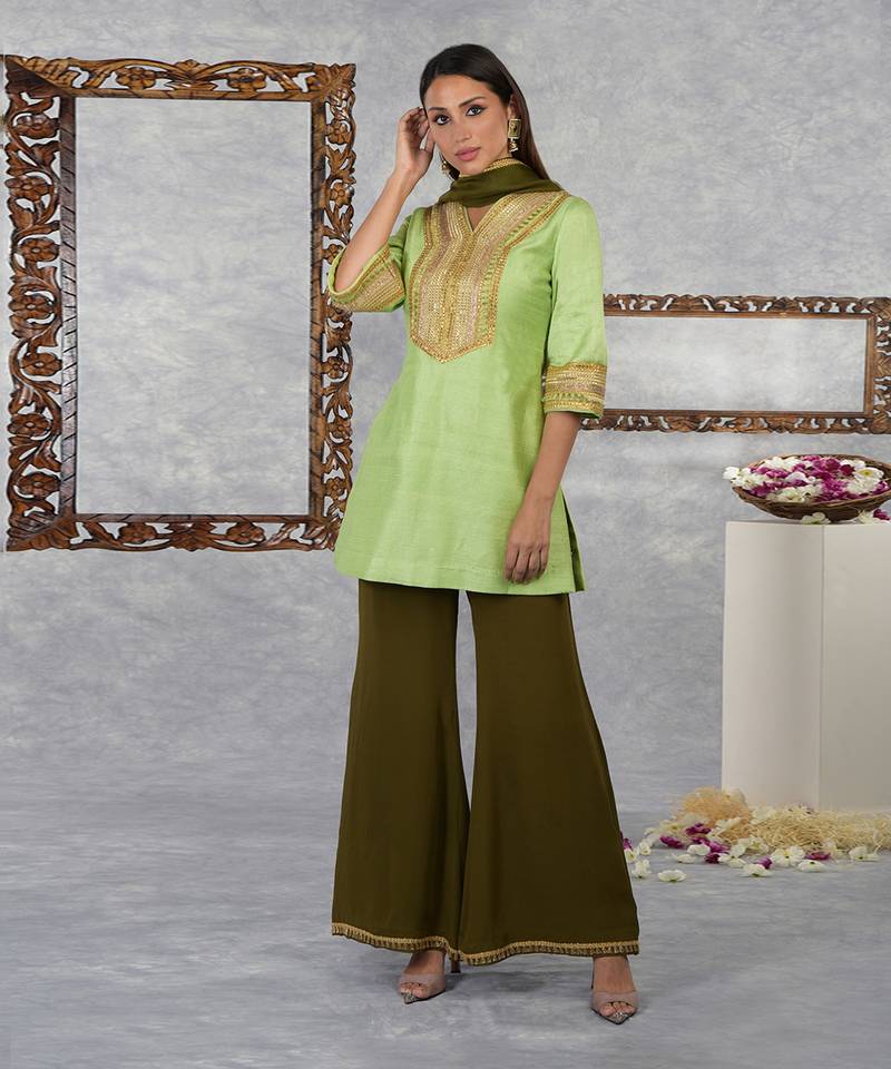 Jade Lime-Olive Green Raw Silk Gota Kurta Set With Dupatta