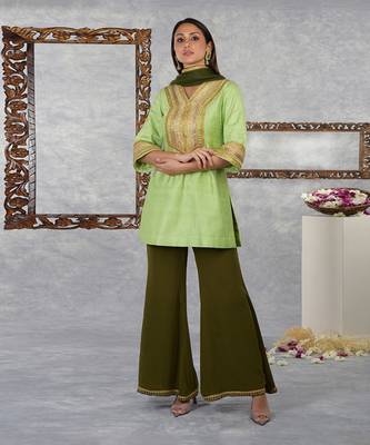 Jade Lime-Olive Green Raw Silk Gota Kurta Set With Dupatta 3