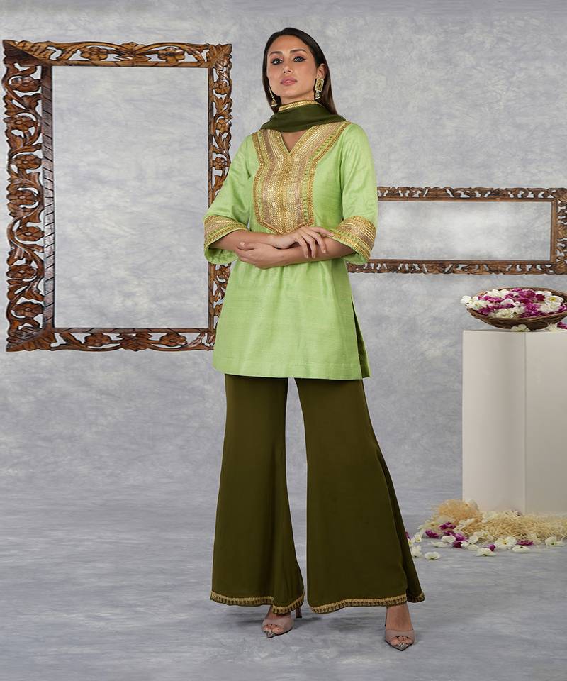Jade Lime-Olive Green Raw Silk Gota Kurta Set With Dupatta