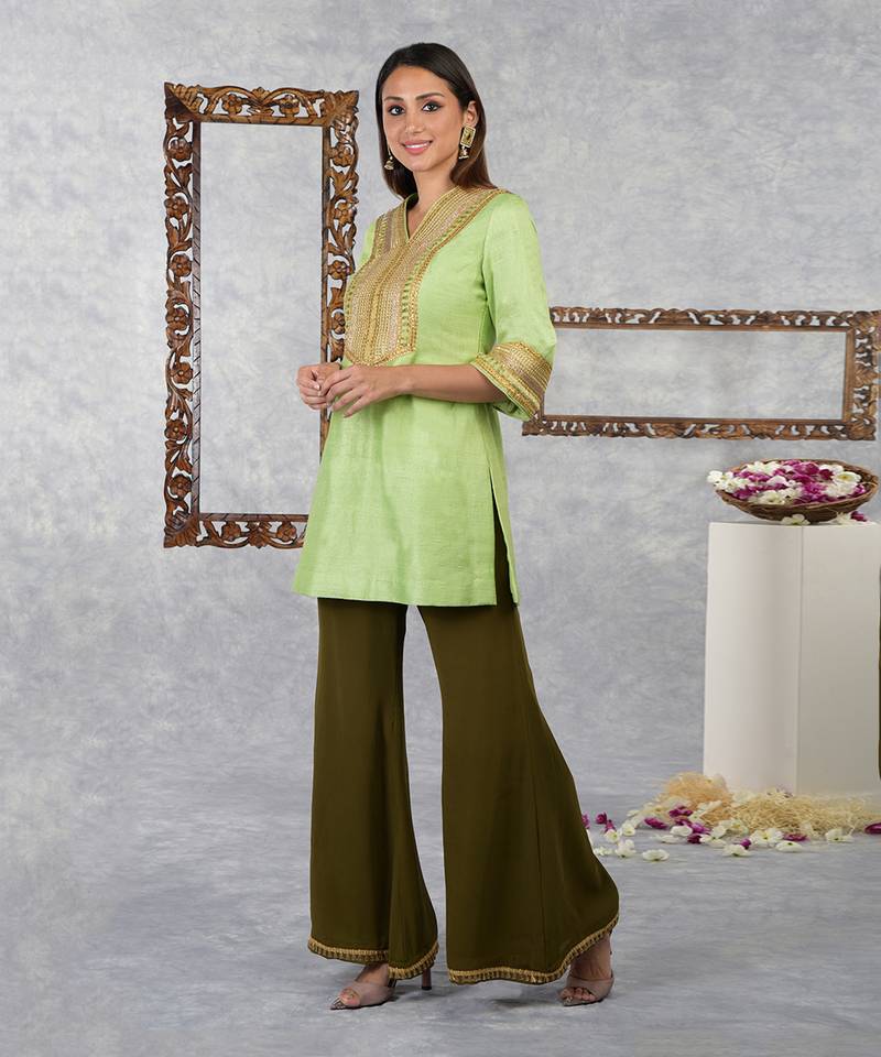 Jade Lime-Olive Green Raw Silk Gota Kurta Set With Dupatta