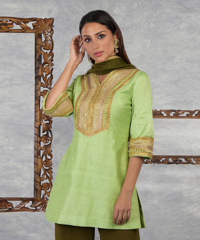 Jade Lime-Olive Green Raw Silk Gota Kurta Set With Dupatta