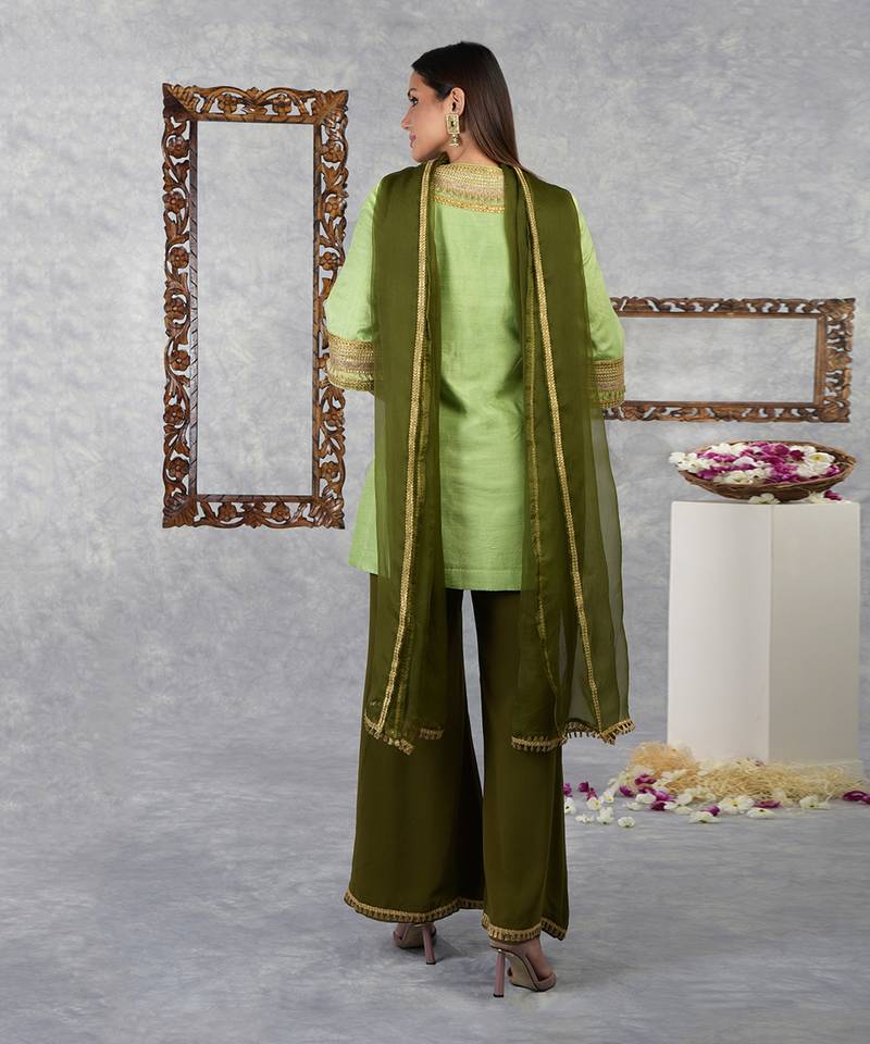 Jade Lime-Olive Green Raw Silk Gota Kurta Set With Dupatta