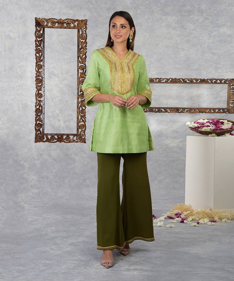 Jade Lime-Olive Green Raw Silk Gota Kurta Set With Dupatta