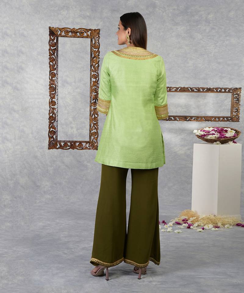 Jade Lime-Olive Green Raw Silk Gota Kurta Set With Dupatta